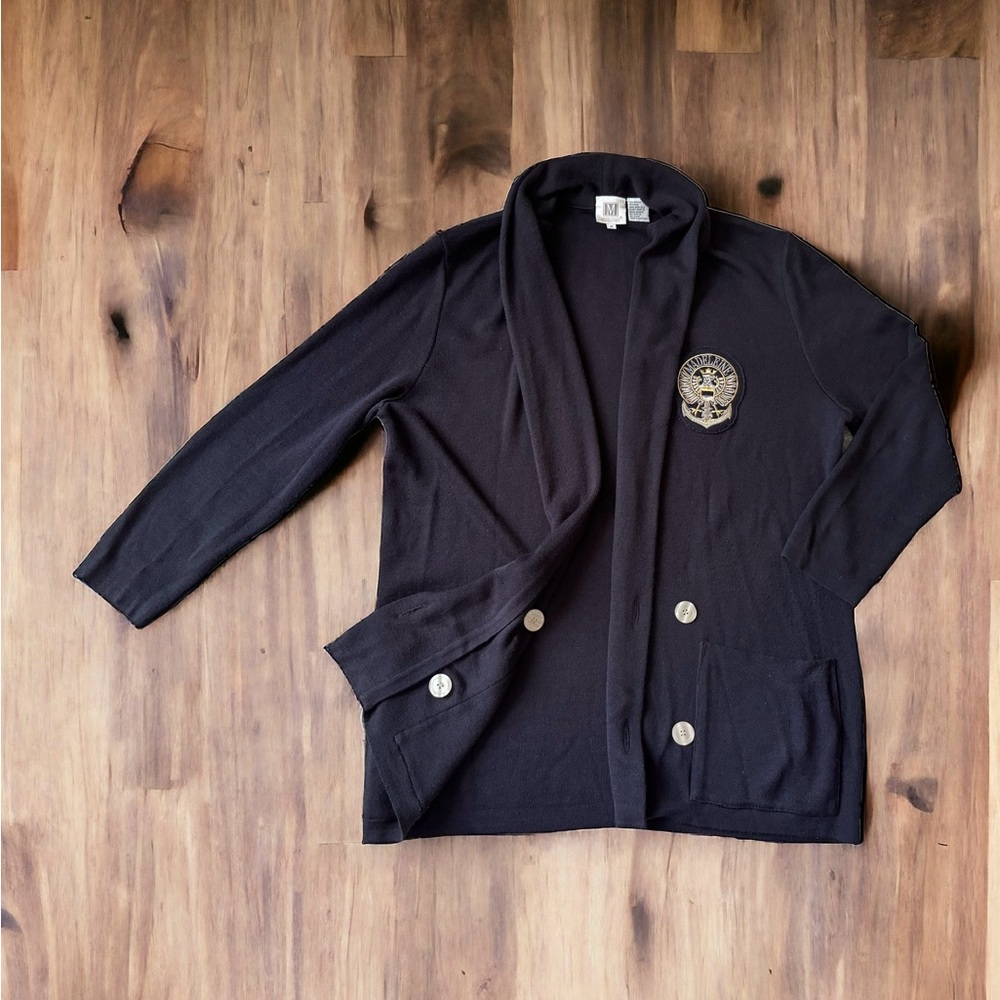 Vintage Wool Oversized Cardigan Madeleine Size M Front Buttons Blue Logo